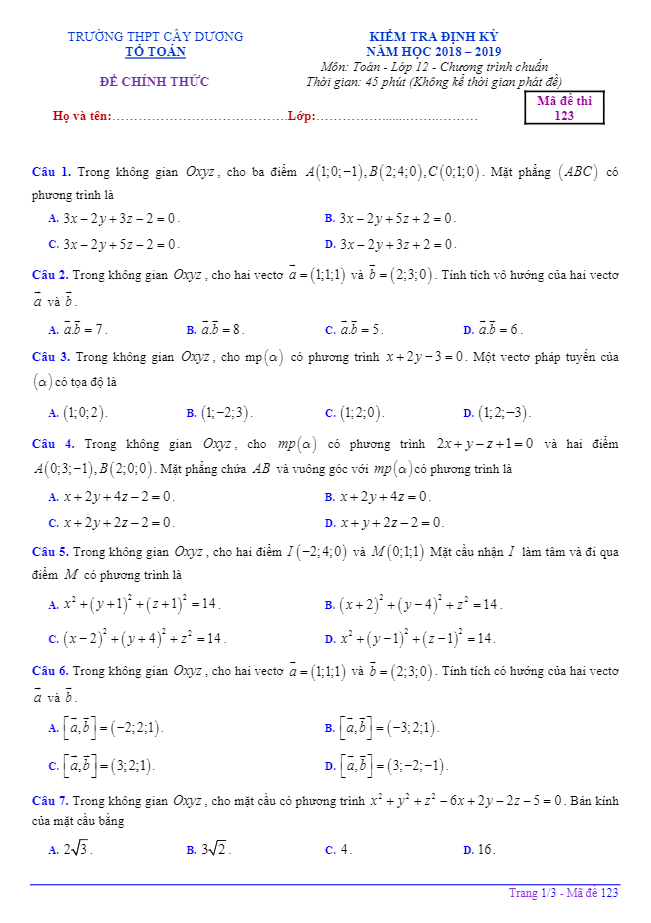 Đề kiểm tra Hình học 12 chương 3 năm 2018 2019 trường Cây Dương Kiên Giang