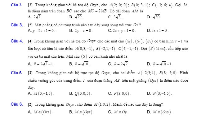 Đề kiểm tra Hình học 12 chương 3 năm 2018 2019 trường Đoàn Thượng Hải Dương