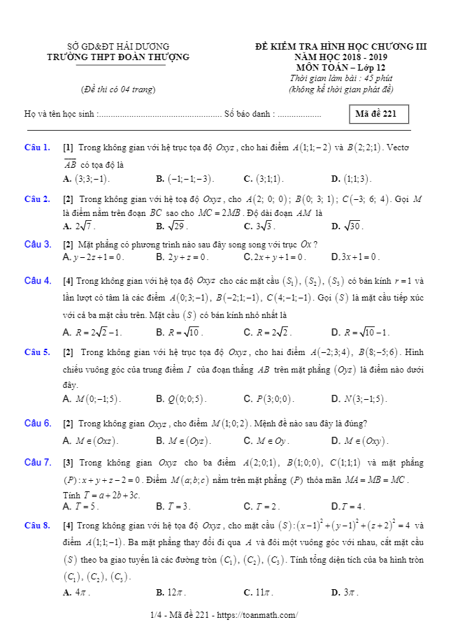 Đề kiểm tra Hình học 12 chương 3 năm 2018 2019 trường Đoàn Thượng Hải Dương