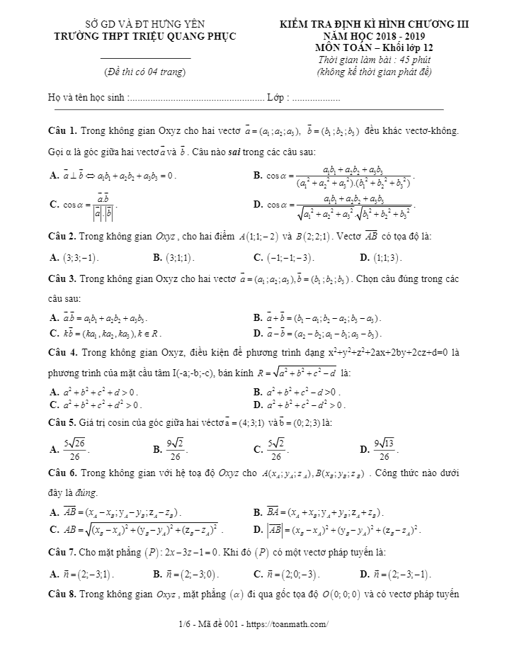 Đề kiểm tra Hình học 12 chương 3 năm 2018 2019 trường Triệu Quang Phục Hưng Yên