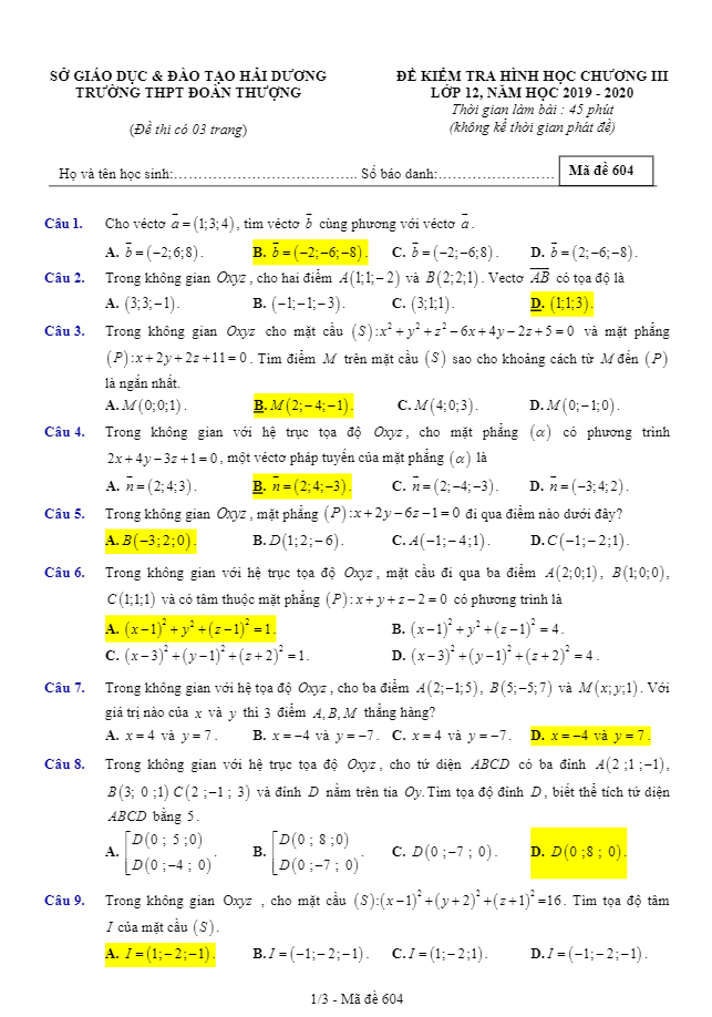 Đề kiểm tra Hình học 12 chương 3 năm 2019 2020 trường Đoàn Thượng Hải Dương