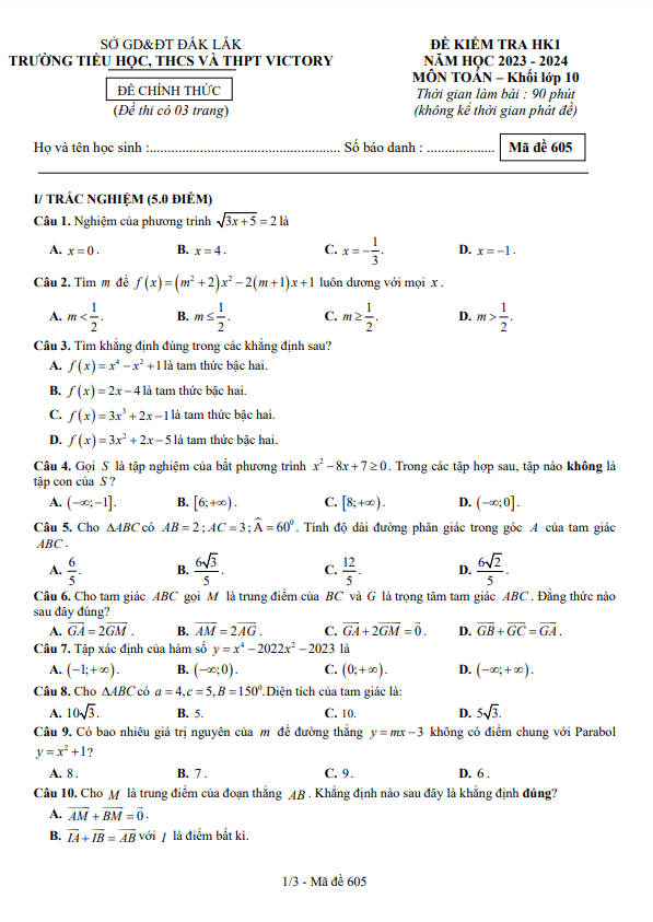 Đề kiểm tra HK1 Toán 10 năm 2023 2024 trường Victory Đắk Lắk