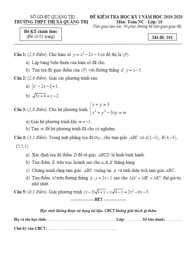 Đề kiểm tra HK1 Toán 10 NC năm 2019 2020 trường THPT Thị xã Quảng Trị