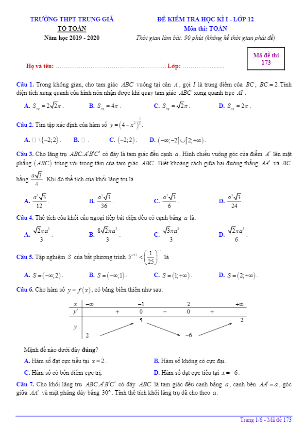 Đề kiểm tra HK1 Toán 12 năm 2019 2020 trường THPT Trung Giã Hà Nội