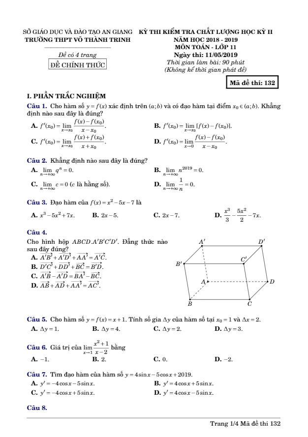 Đề kiểm tra HK2 Toán 11 năm 2018 2019 trường Võ Thành Trinh An Giang