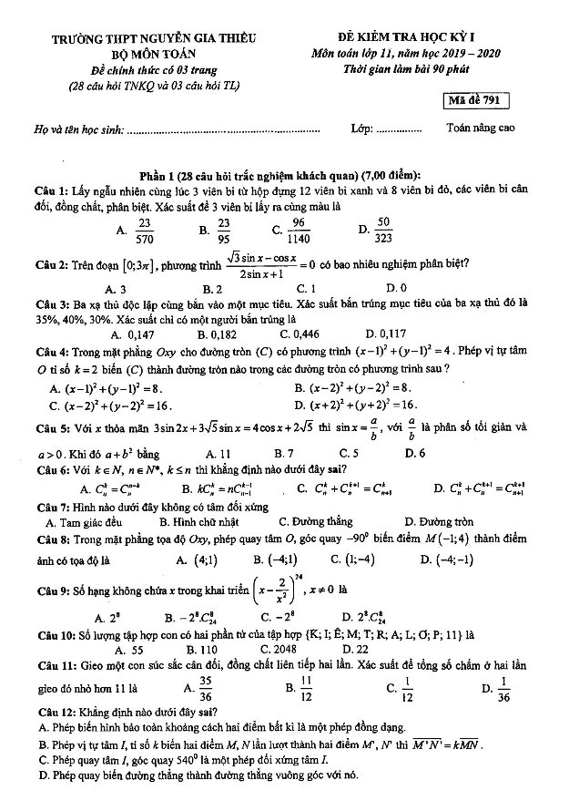 Đề kiểm tra HKI Toán 11 năm 2019 2020 trường Nguyễn Gia Thiều Hà Nội