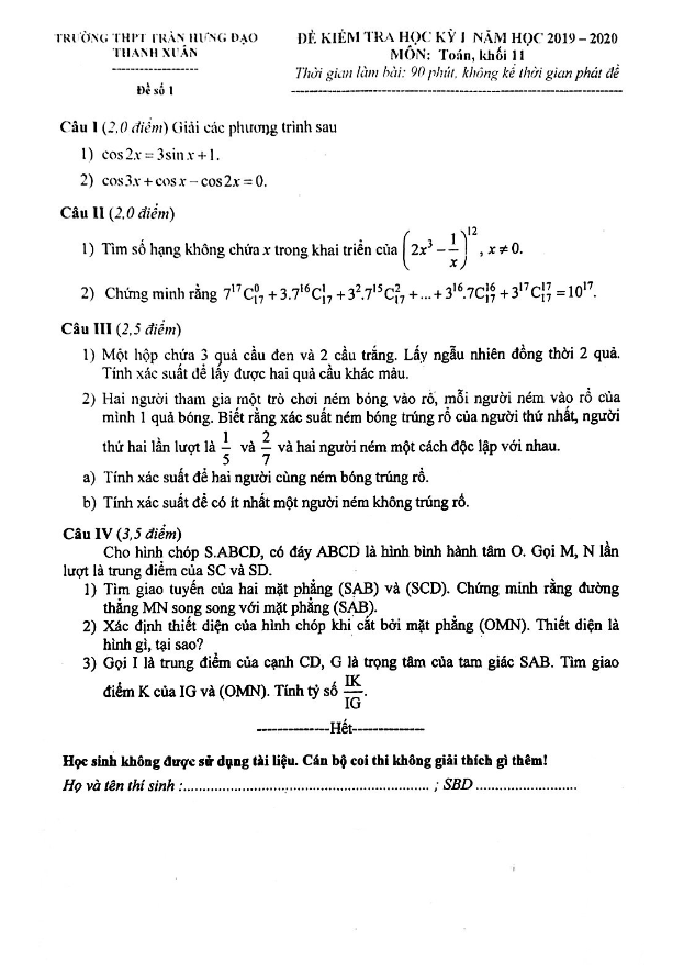 Đề kiểm tra HKI Toán 11 năm 2019 2020 trường Trần Hưng Đạo Hà Nội