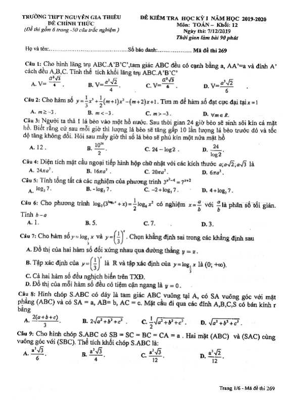 Đề kiểm tra HKI Toán 12 năm 2019 2020 trường Nguyễn Gia Thiều Hà Nội