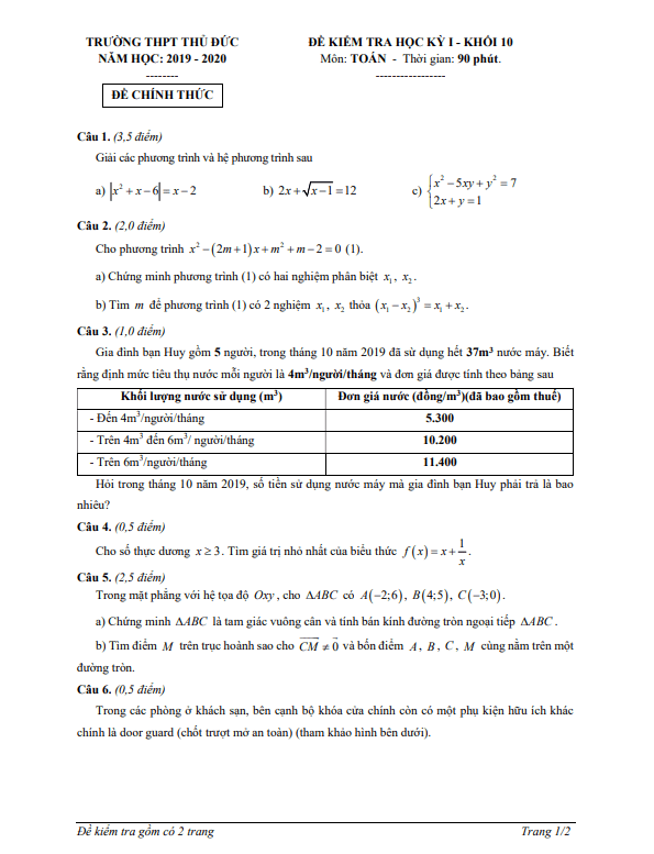 Đề kiểm tra học kì 1 Toán 10 năm 2019 2020 trường THPT Thủ Đức TP HCM