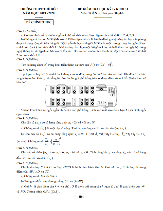 Đề kiểm tra học kì 1 Toán 11 năm 2019 2020 trường THPT Thủ Đức TP HCM