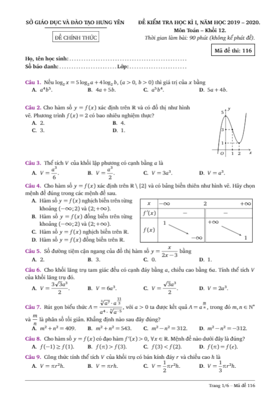 Đề kiểm tra học kì 1 Toán 12 năm 2019 2020 sở GD&ĐT Hưng Yên