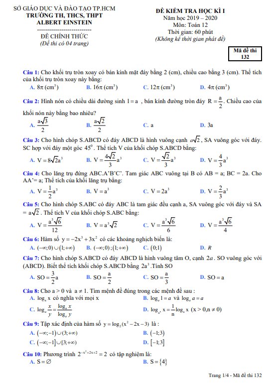 Đề kiểm tra học kì 1 Toán 12 năm 2019 2020 trường Albert Einstein TP HCM