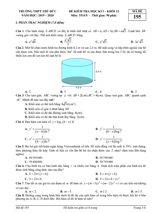 Đề kiểm tra học kì 1 Toán 12 năm 2019 2020 trường THPT Thủ Đức TP HCM