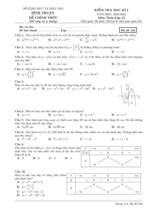 Đề kiểm tra học kì 1 Toán 12 năm 2023 2024 sở GD&ĐT Bình Thuận