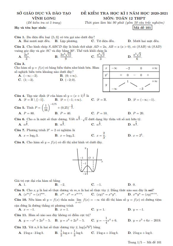 Đề kiểm tra học kì 1 Toán 12 năm học 2020 2021 sở GD&ĐT Vĩnh Long