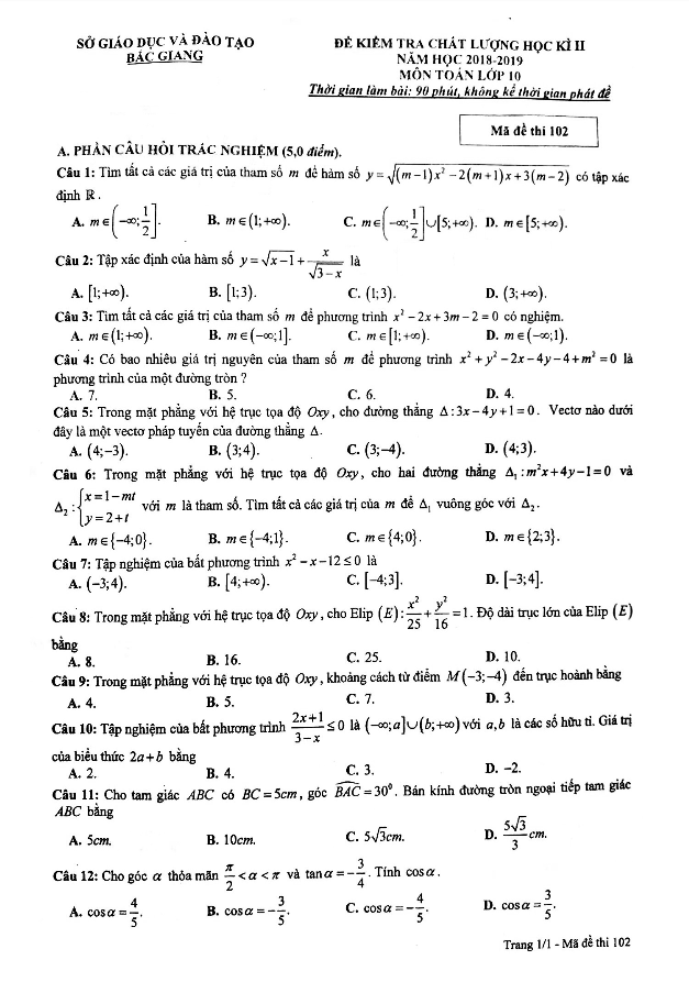 Đề kiểm tra học kì 2 Toán 10 năm 2018 2019 sở GD&ĐT Bắc Giang