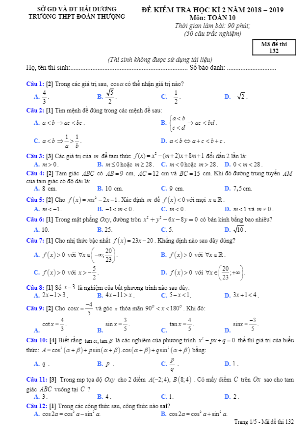 Đề kiểm tra học kì 2 Toán 10 năm 2018 2019 trường Đoàn Thượng Hải Dương