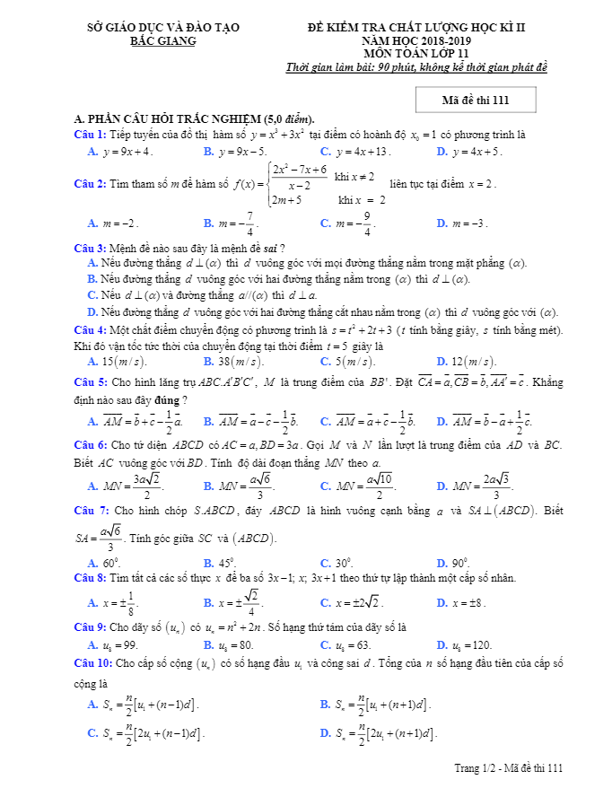 Đề kiểm tra học kì 2 Toán 11 năm 2018 2019 sở GD&ĐT Bắc Giang