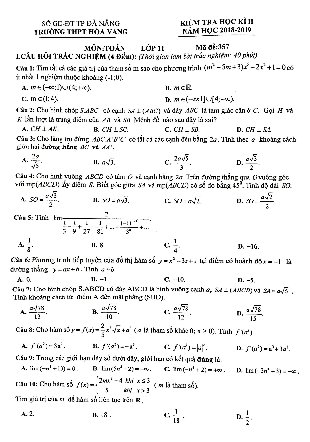 Đề kiểm tra học kì 2 Toán 11 năm 2018 2019 trường Hòa Vang Đà Nẵng