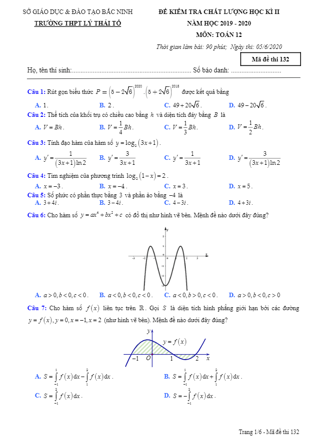 Đề kiểm tra học kì 2 Toán 12 năm 2019 2020 trường THPT Lý Thái Tổ Bắc Ninh
