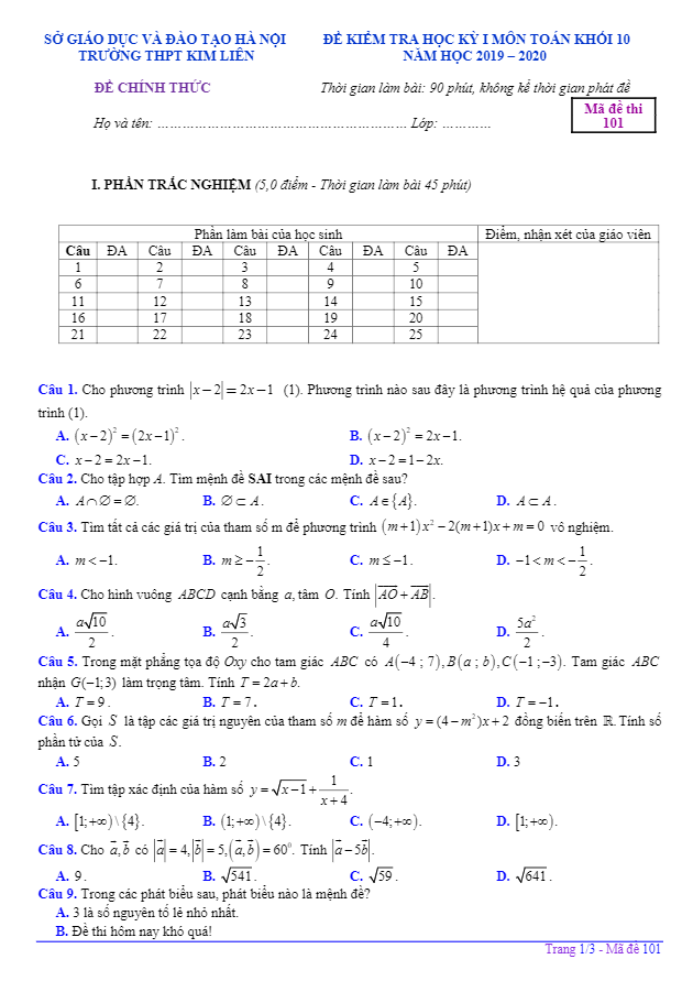 Đề kiểm tra học kỳ 1 Toán 10 năm 2019 2020 trường THPT Kim Liên Hà Nội