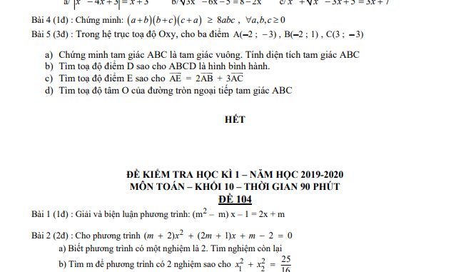 Đề kiểm tra học kỳ 1 Toán 10 năm 2019 2020 trường THPT Nam Kỳ Khởi Nghĩa TP HCM