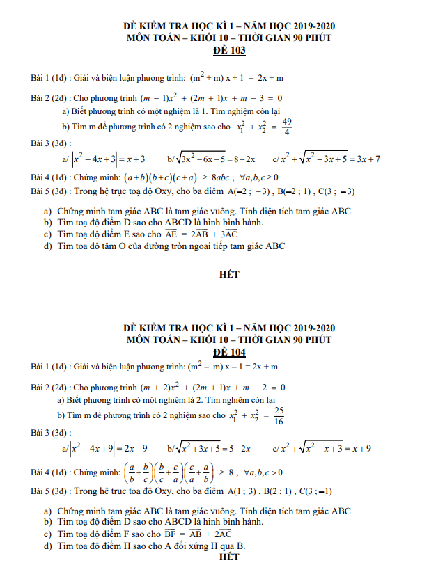 Đề kiểm tra học kỳ 1 Toán 10 năm 2019 2020 trường THPT Nam Kỳ Khởi Nghĩa TP HCM