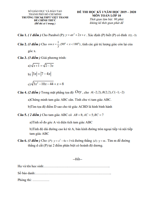 Đề kiểm tra học kỳ 1 Toán 10 năm 2019 2020 trường Việt Thanh TP HCM