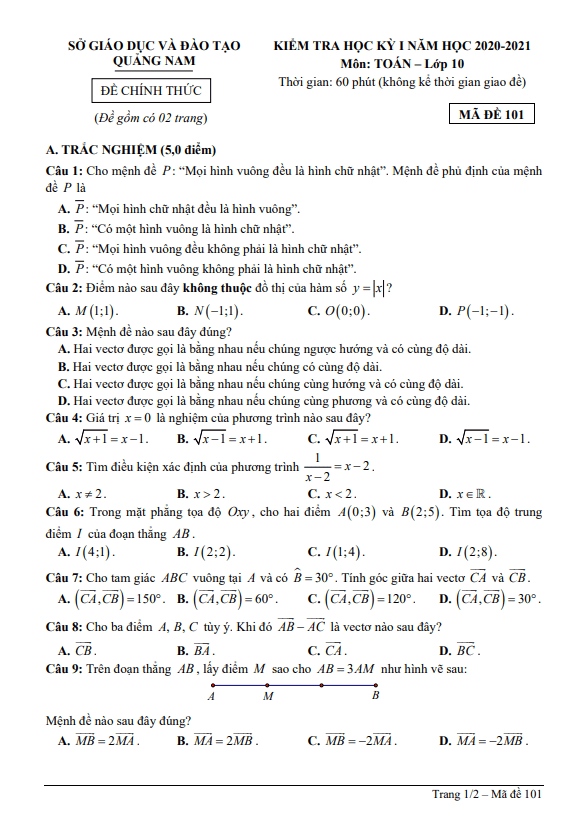 Đề kiểm tra học kỳ 1 Toán 10 năm 2020 2021 sở GD&ĐT Quảng Nam