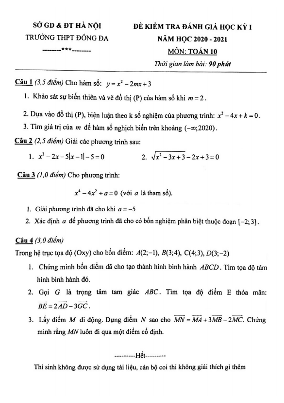 Đề kiểm tra học kỳ 1 Toán 10 năm 2020 2021 trường THPT Đống Đa Hà Nội