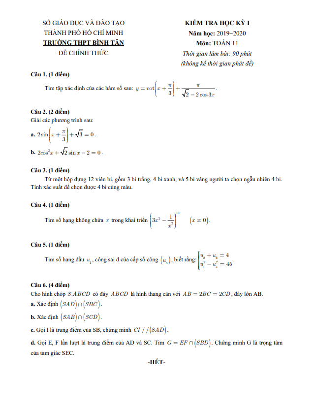 Đề kiểm tra học kỳ 1 Toán 11 năm 2019 2020 trường THPT Bình Tân TP HCM