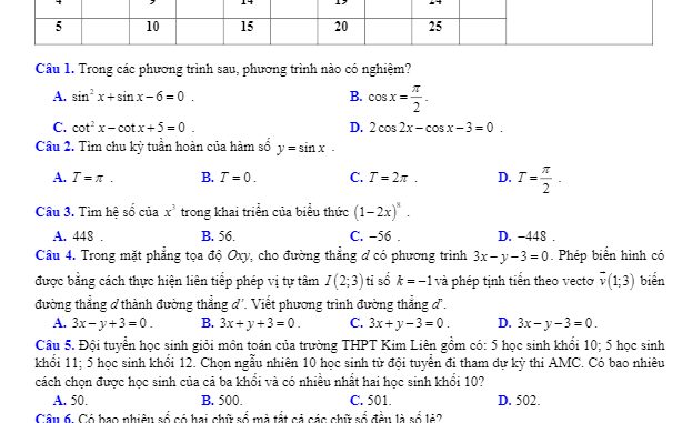 Đề kiểm tra học kỳ 1 Toán 11 năm 2019 2020 trường THPT Kim Liên Hà Nội