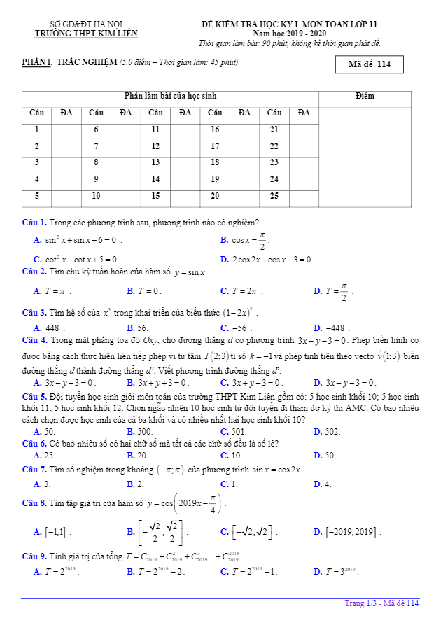 Đề kiểm tra học kỳ 1 Toán 11 năm 2019 2020 trường THPT Kim Liên Hà Nội