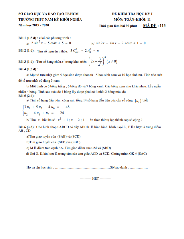 Đề kiểm tra học kỳ 1 Toán 11 năm 2019 2020 trường THPT Nam Kỳ Khởi Nghĩa TP HCM
