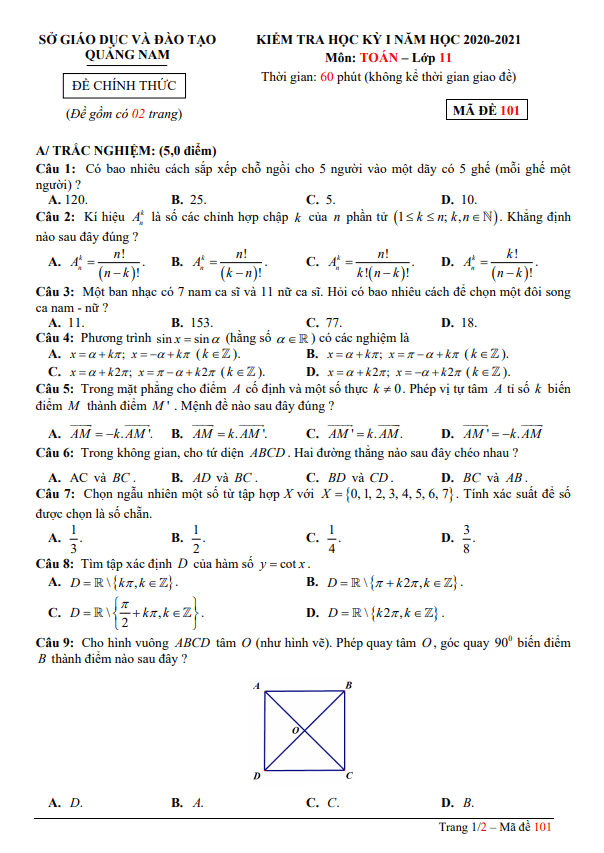 Đề kiểm tra học kỳ 1 Toán 11 năm 2020 2021 sở GD&ĐT Quảng Nam