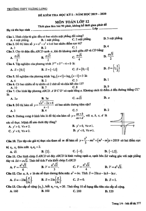 Đề kiểm tra học kỳ 1 Toán 12 năm 2019 2020 trường Thăng Long Hà Nội