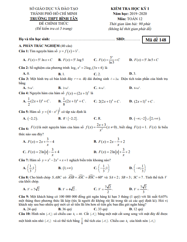 Đề kiểm tra học kỳ 1 Toán 12 năm 2019 2020 trường THPT Bình Tân TP HCM