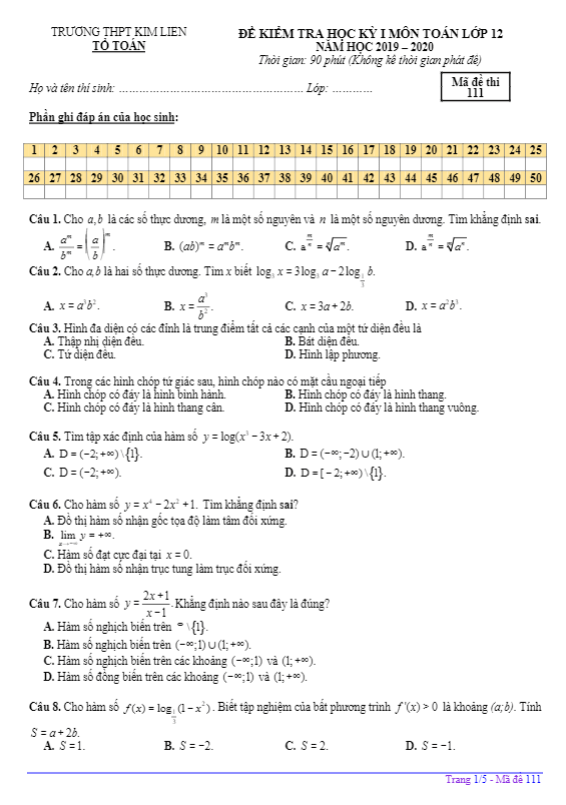 Đề kiểm tra học kỳ 1 Toán 12 năm 2019 2020 trường THPT Kim Liên Hà Nội
