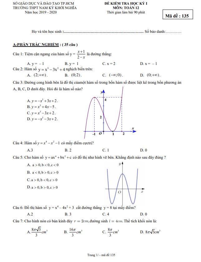 Đề kiểm tra học kỳ 1 Toán 12 năm 2019 2020 trường THPT Nam Kỳ Khởi Nghĩa TP HCM
