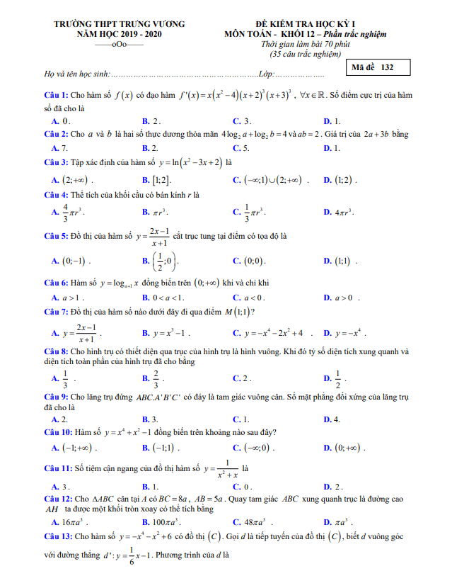 Đề kiểm tra học kỳ 1 Toán 12 năm 2019 2020 trường Trưng Vương TP HCM