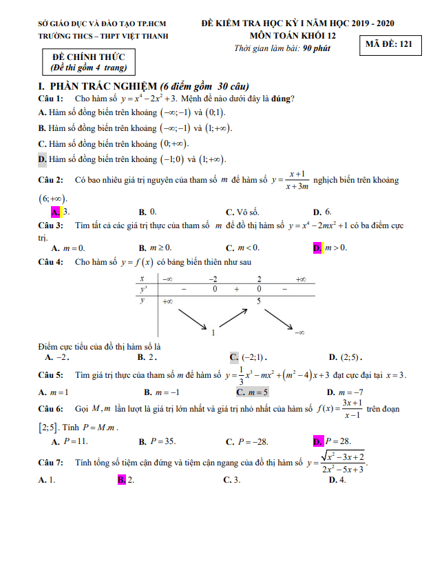 Đề kiểm tra học kỳ 1 Toán 12 năm 2019 2020 trường Việt Thanh TP HCM