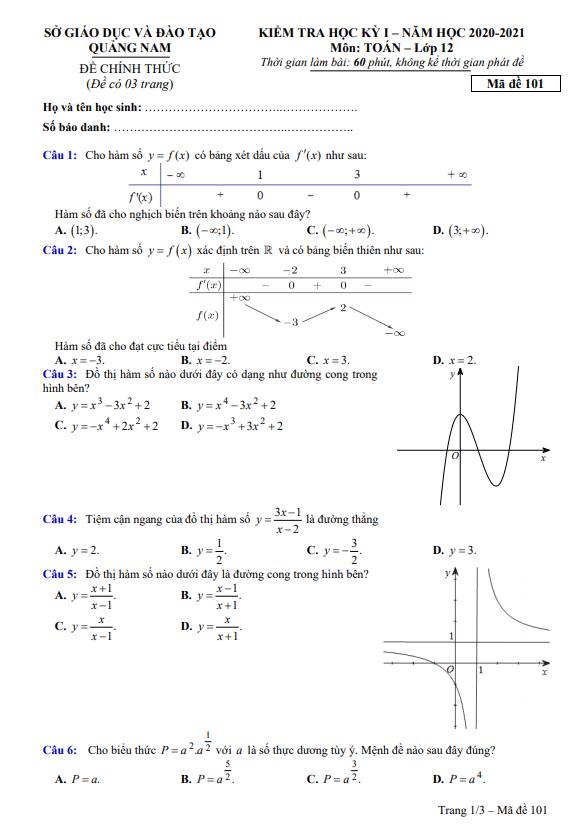 Đề kiểm tra học kỳ 1 Toán 12 năm 2020 2021 sở GD&ĐT Quảng Nam