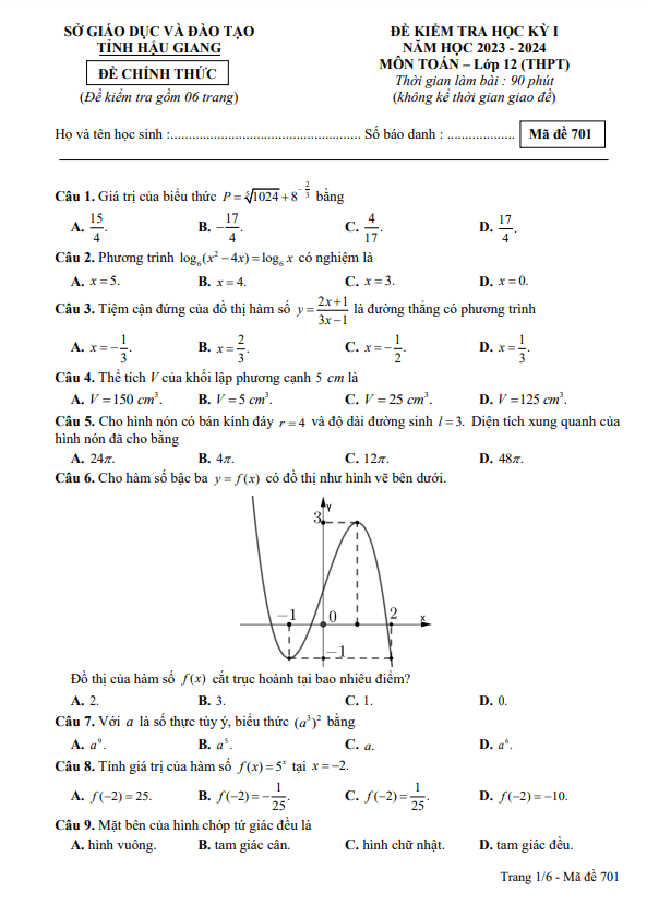 Đề kiểm tra học kỳ 1 Toán 12 năm 2023 2024 sở GD&ĐT Hậu Giang