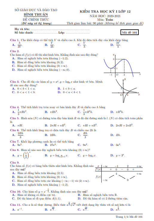 Đề kiểm tra học kỳ 1 Toán 12 năm học 2020 2021 sở GD&ĐT Bình Thuận