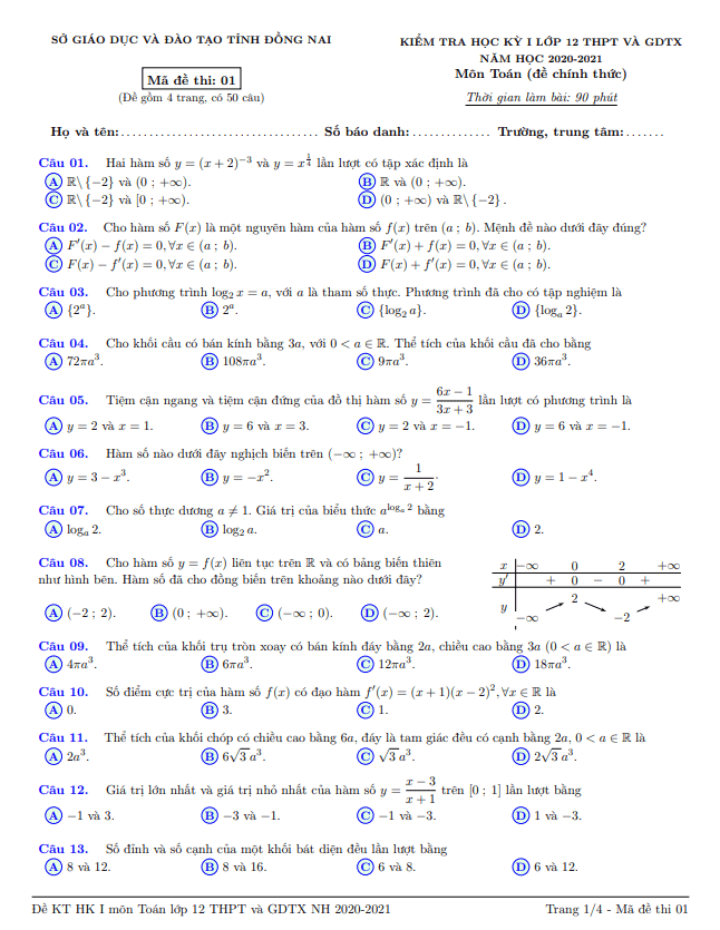 Đề kiểm tra học kỳ 1 Toán 12 năm học 2020 2021 sở GD&ĐT Đồng Nai
