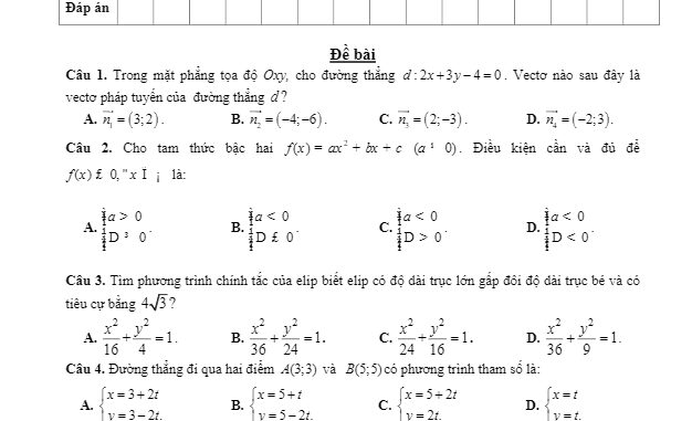 Đề kiểm tra học kỳ 2 Toán 10 năm 2018 2019 trường Nguyễn Trãi Hà Nội