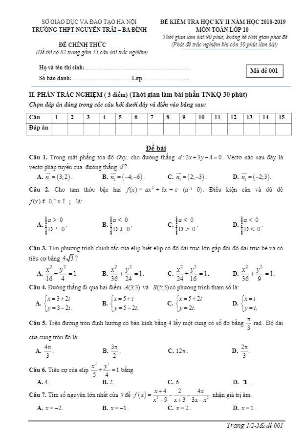 Đề kiểm tra học kỳ 2 Toán 10 năm 2018 2019 trường Nguyễn Trãi Hà Nội