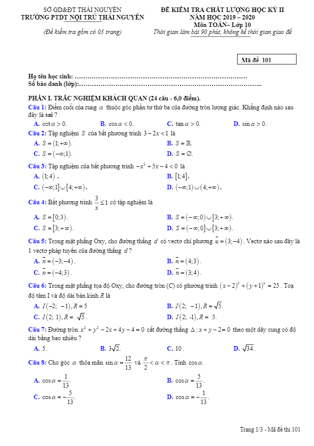Đề kiểm tra học kỳ 2 Toán 10 năm 2019 2020 trường PTDT nội trú Thái Nguyên