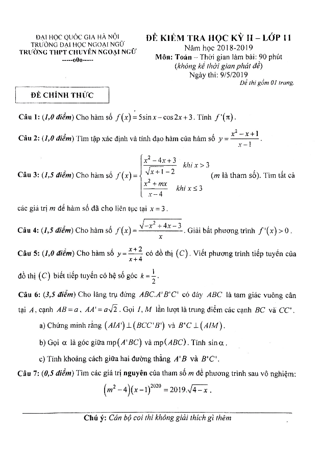 Đề kiểm tra học kỳ 2 Toán 11 năm 2018 2019 trường chuyên Ngoại Ngữ Hà Nội