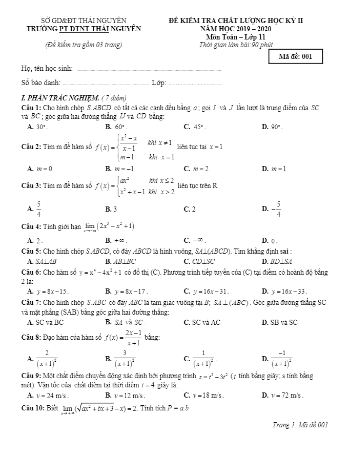 Đề kiểm tra học kỳ 2 Toán 11 năm 2019 2020 trường PTDT nội trú Thái Nguyên